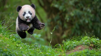 Obraz premium Candid animal moments, a baby panda tumbling down a small hill, looking surprised