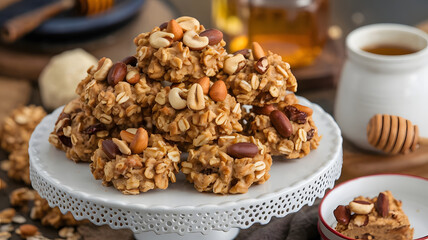 Obraz premium Nutty Oatmeal Cookies: Soft cookies made with oats and mixed nuts, beautifully displayed on a serving platter, garnished with a drizzle of honey.