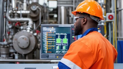 Workers in a refinery control room monitoring complex machinery and adjusting settings   refinery control room, machinery operation, workers