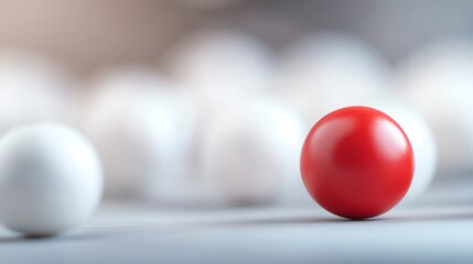 A striking red ball stands out in a field of white balls, symbolizing individuality and contrast in a minimalist composition.