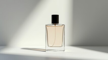 A beautiful perfume bottle on a light background. Advertising of cosmetic products and perfumes.