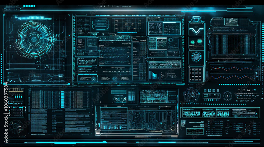 Poster holographic interface background with luminous blue script codes, digital graphs, and transparent pa