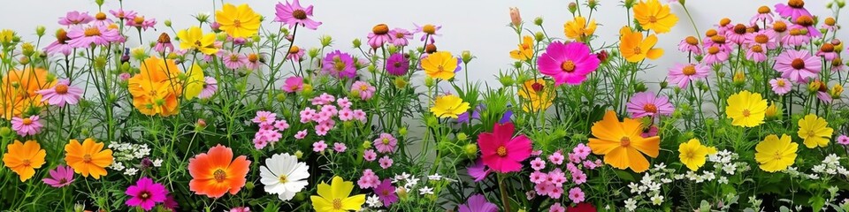 A lush wildflower meadow filled with cosmos, daisies, and other colorful blooms, capturing the beauty of spring in a natural arrangement.

