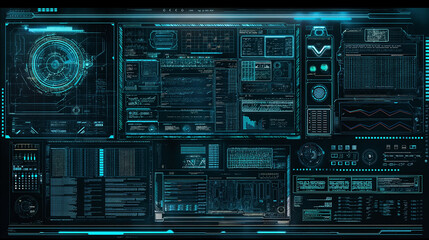 Holographic interface background with luminous blue script codes, digital graphs, and transparent panels layered over a dark tech grid. tech wallpaper 