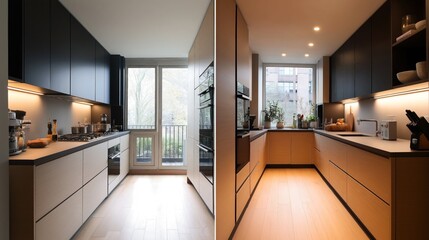 Modern kitchen interiors with wooden cabinetry, built-in appliances, black countertops, and large windows showing an outdoor view.