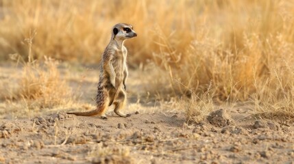 Fototapeta premium Animal behavior, a meerkat standing on its hind legs, keeping watch