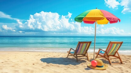 A colorful beach umbrella stands tall on a sunlit sandy beach, surrounded by two comfortable lounge chairs.