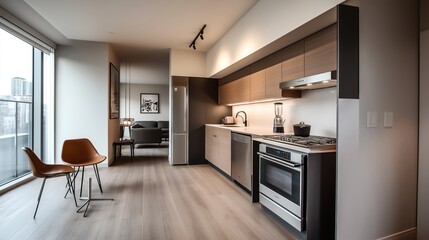 Fototapeta premium Modern apartment interior with a sleek kitchen featuring light wood cabinets, stainless steel appliances, and minimalist furniture, including two brown chairs by a large window.