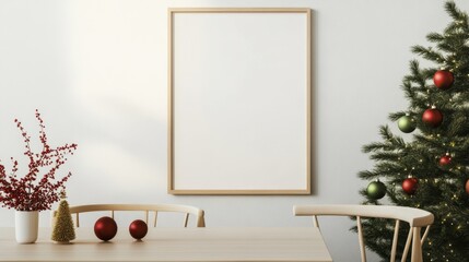 Christmas frame mockup in the dining room and christmas tree. ai generated