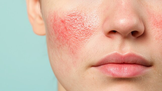 Zoomin on a person with rosacea redness across the cheeks and nose, showing sensitivity and irritation   rosacea, facial redness, irritated skin