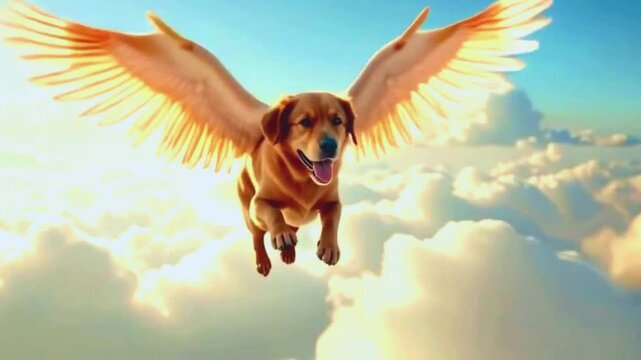 a dog with wings flying in the clouds very slowly