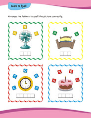 Learn to read and write. Designed for young children, this worksheet enhances spelling skills with practice on words like fan, bed, clock, and cake.
