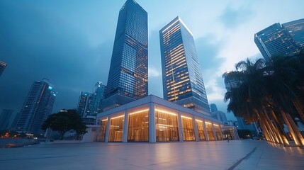 Naklejka premium Modern skyscrapers illuminate urban landscape amidst evening glow