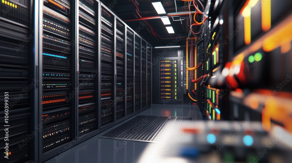Poster a detailed 3d visualization of a data center server room, filled with an array of server racks equip