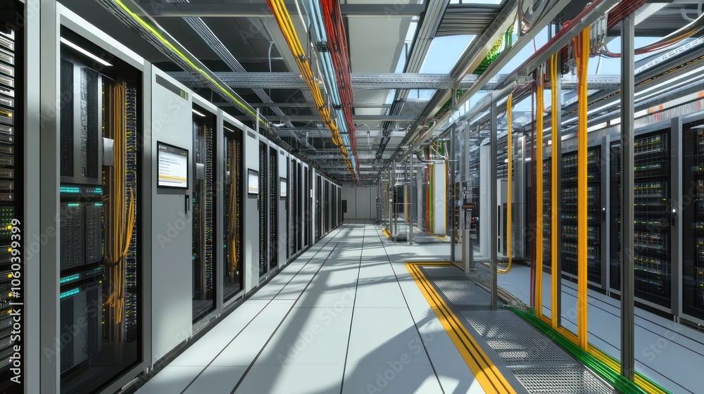 Poster a detailed 3d visualization of a data center server room, filled with an array of server racks equip