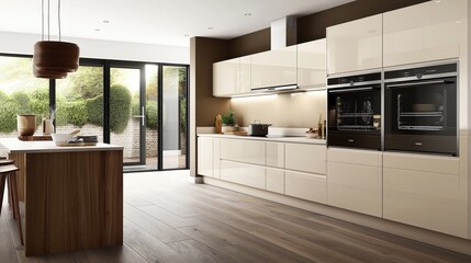 Spacious modern kitchen with white cabinets, built-in ovens, wooden island, pendant lights, and large glass doors leading to a garden.