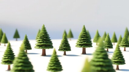 Obraz premium A serene landscape featuring small evergreen trees scattered across a snowy ground, creating a calm, wintery atmosphere.