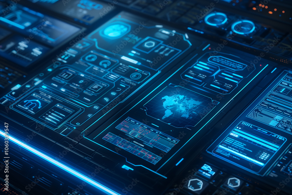 Poster holographic interface background with luminous blue script codes, digital graphs, and transparent pa