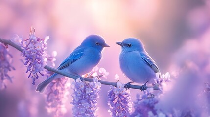 Pair of bluebirds resting gently on wisteria branches, enveloped by a canopy of lavender blossoms, soft morning light casting a warm glow, richly detailed and serene floral ambiance. --ar 16:9