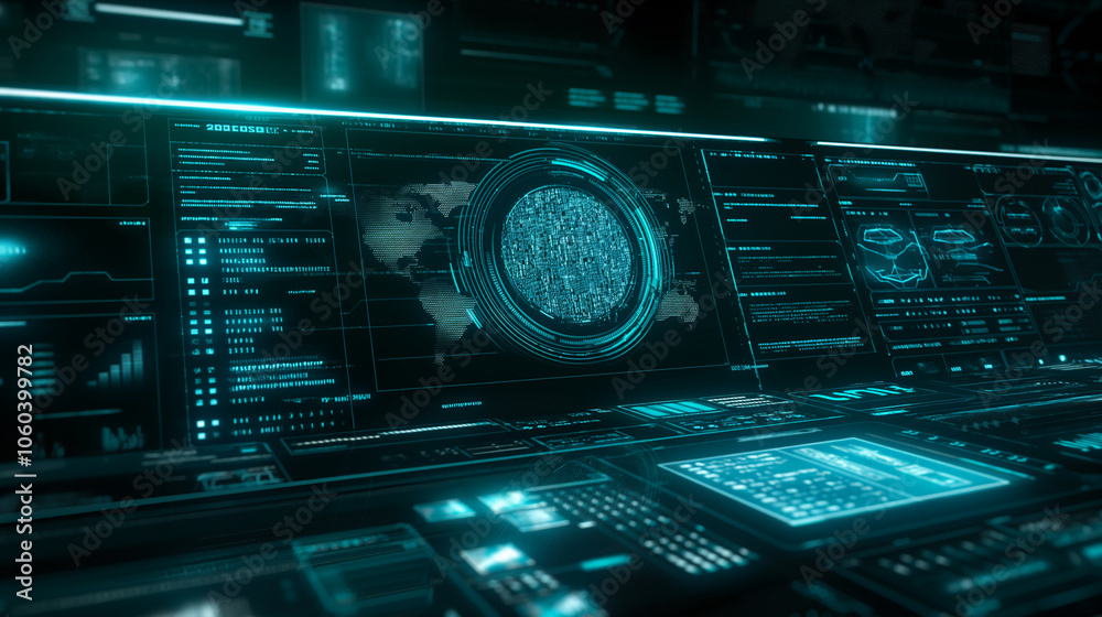 Poster holographic interface background with luminous blue script codes, digital graphs, and transparent pa