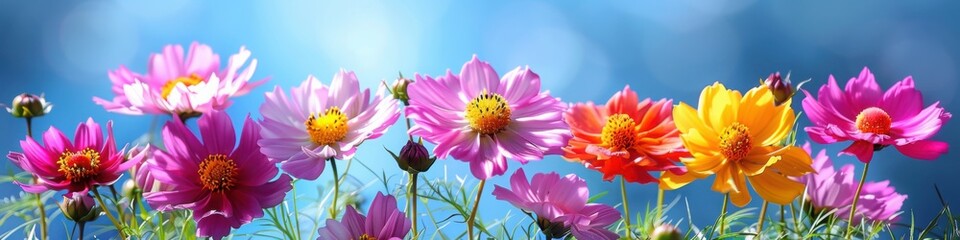 Fototapeta premium A vibrant row of cosmos flowers in shades of pink, purple, and orange set against a bright blue sky.