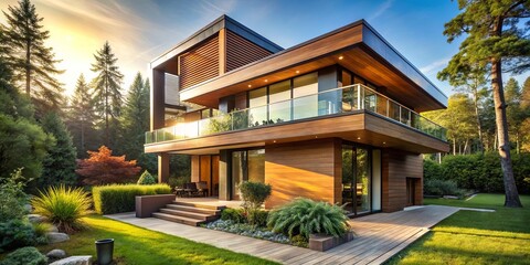 Obraz premium Contemporary Architectural Design Featuring A Wood-Clad Exterior And A Spacious Deck Overlooking A Lush Garden