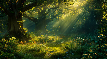 An enchanting forest with sunlight streaming through the canopy, casting dappled patterns on the forest floor.