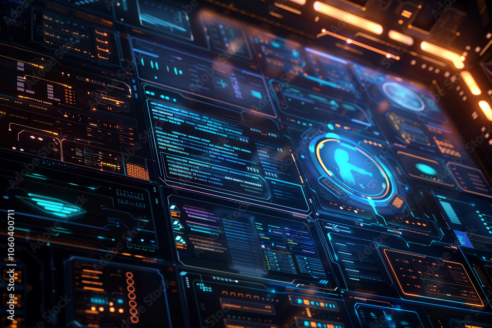 Poster holographic interface background with luminous blue script codes, digital graphs, and transparent pa