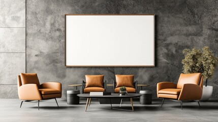 Modern living room interior with four brown leather armchairs, a dark coffee table, a large blank canvas on a textured gray wall, and a potted plant on the right side.