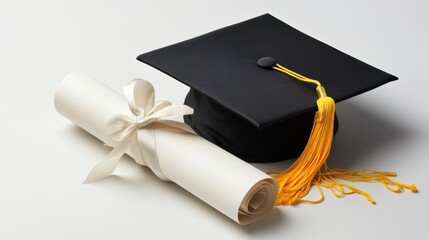 A graduation cap placed on top of a rolled diploma tied with a ribbon, both elements isolated on a clean white background.