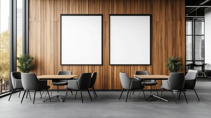 Modern office meeting space with wooden accent wall, two blank vertical frames, round tables with gray chairs, large windows, and potted plants