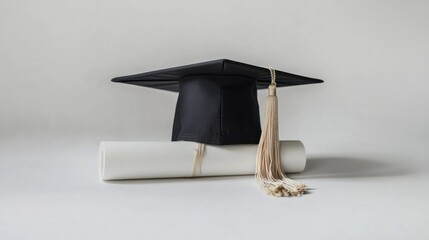 A graduation cap placed on top of a rolled diploma tied with a ribbon, both elements isolated on a clean white background.