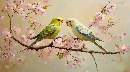 Pair of parakeets interacting playfully on cherry blossom branches, surrounded by pink blooms and delicate petals, soft morning light, detailed textures, harmonious and lively spring composition.