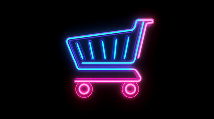 Neon shopping cart icon on black background