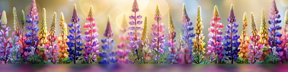 Naklejka premium A panoramic view of vibrant purple and pink lupine flowers arranged in a dense cluster, set against a softly glowing background.