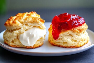Golden scones with clotted cream and jam on a plate, capturing the inviting and flaky texture of freshly baked goods, symbolizing warmth and indulgence