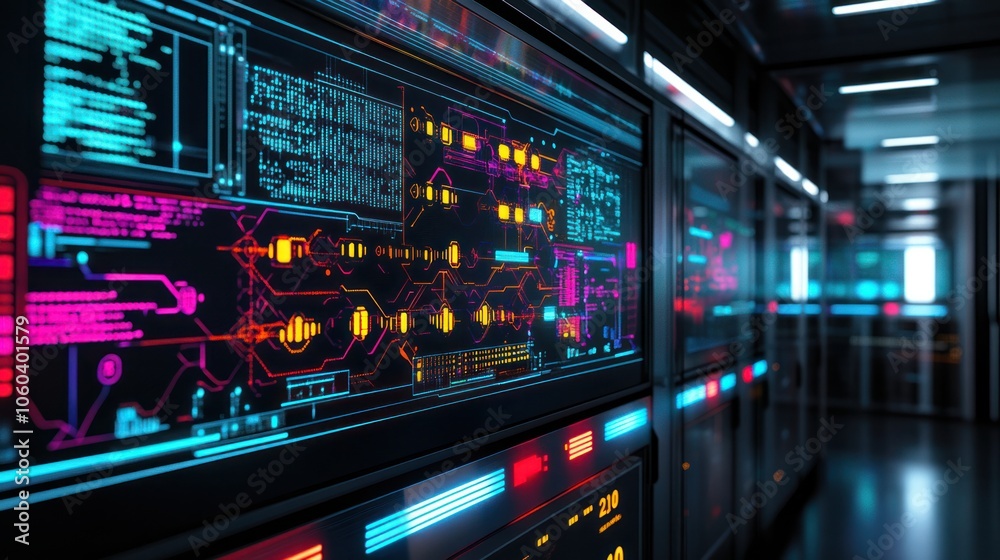 Poster a detailed 3d visualization of a data center server room, filled with an array of server racks equip