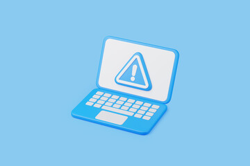 Laptop displaying a warning alert icon, representing system errors, cybersecurity risks, or technical issues. 3D render illustration