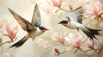 Obraz premium Pair of swallows gracefully soaring amid a cloud of magnolia blossoms, intricate petals framing their wings, warm light enhancing the colors, peaceful springtime ambiance with vibrant details.