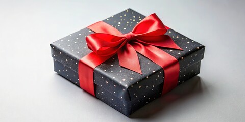 A single gift box wrapped in black and gold patterned paper with a bright red satin bow sits on a white background.