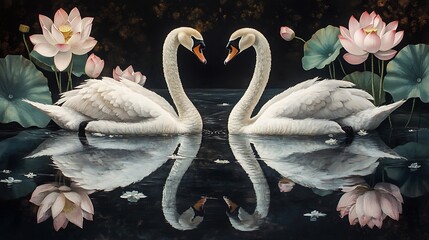 Obraz premium Pair of swans surrounded by blooming lotus flowers, mirrored perfectly in the still water, gentle lighting casting a warm glow, highly detailed feathers, calm and elegant scene. --ar 16:9