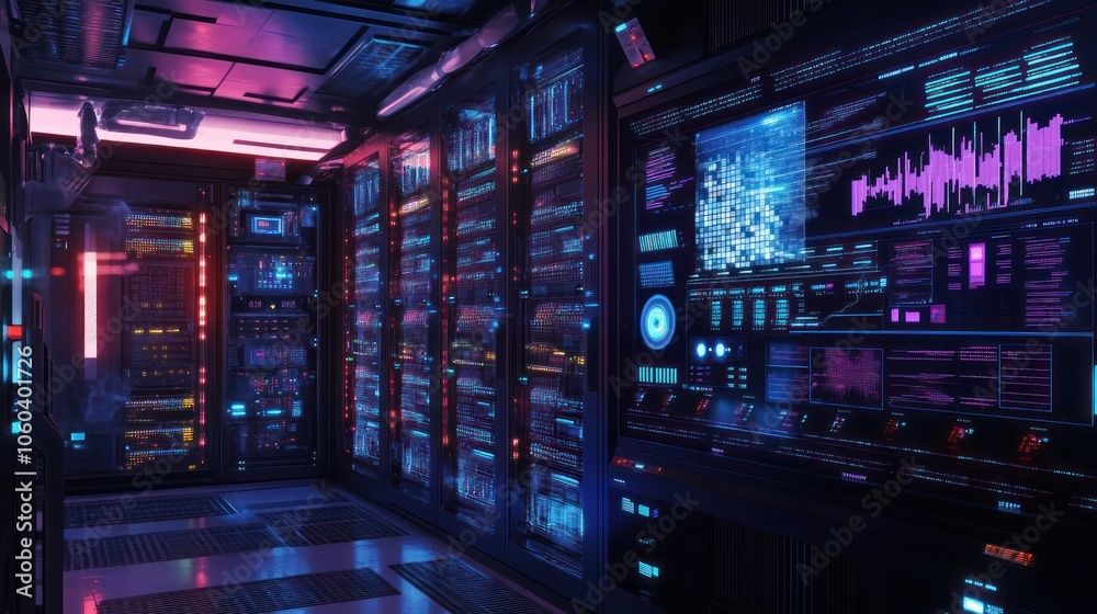 Poster a detailed 3d visualization of a data center server room, filled with an array of server racks equip