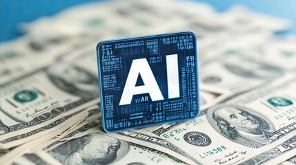 Futuristic digital art of artificial intelligence symbol surrounded by currency and binary code in a vibrant blue setting