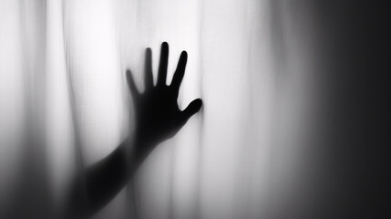 Silhouette of a woman&rsquo;s hand pressed against a white curtain creating a mysterious and evocative image perfect for themes of suspense, intrigue, and artistic expression.
