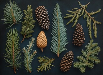 Fototapeta premium Background with different types of green evergreen tree branches and cones, dark background, Christmas card or wallpaper design. Top view of green Christmas tree branches. Winter nature concept. 