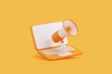 Orange laptop and megaphone symbolizing online promotion, digital advertising, and marketing communication on yellow background. 3D render illustration