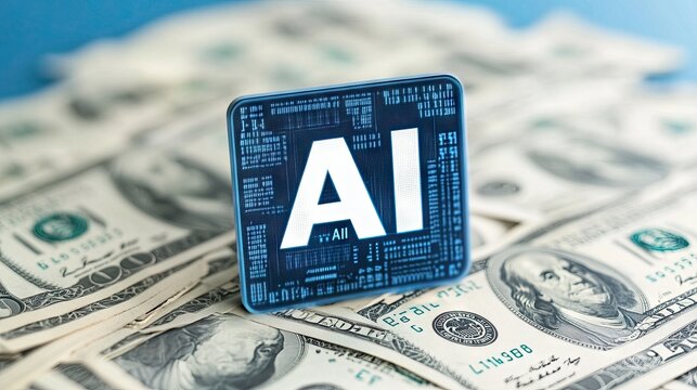 Futuristic digital art of artificial intelligence symbol surrounded by currency and binary code in a vibrant blue setting