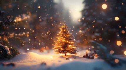 Glowing Christmas tree in snowy landscape