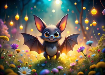 Adorable Cartoon Bat with a Big Smile in a Whimsical Forest Setting with Bokeh Effect - Cute and Happy Bat Illustration for Kids' Content