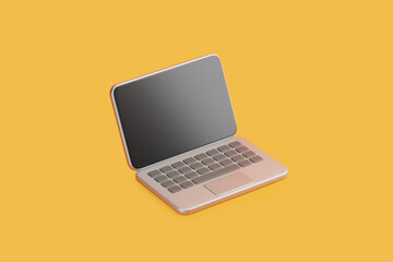 Minimalist laptop with a blank screen on a yellow background, ideal for technology or business concepts. 3D render illustration